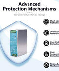 Ultra Slim 12V 10A DIN Rail Power Supply Beefy 120W Continuous Output Universal 90-264VAC Input High Efficiency Up To 88.5% Cabinet-Cooling Friendly Industrial Grade Protection, silver metal case with safety icons