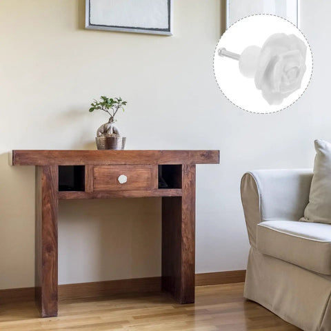 Wooden console with White Ceramic Rose Flower Cabinet Pull Handles With Screws, 8 Pack, retro rose knob on drawer.