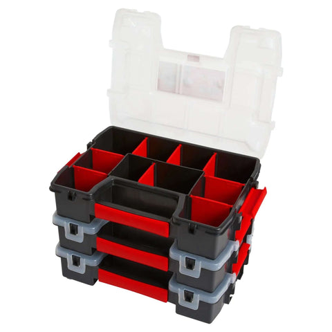 Three Pack Small Parts Organizer With Ten Compartments And Removable Dividers, Secure Latch Lids For Sturdy Stacking, 90 Degree Angle Design