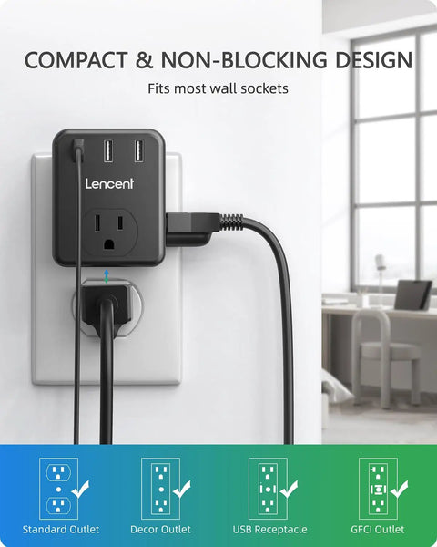 Three Way Wall Outlet Extender With Three AC Outlets And Three USB Ports No Fuss Wall Charger For Home Office Travel Widely Spaced Three Sided Wall Tap Cruise Ship Approved Multi Plug Expander
