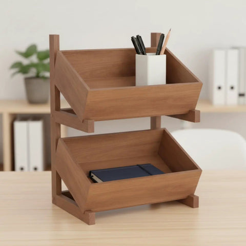 Two Tier Wooden Storage Shelf With Tilted Open Trays Walnut Finish Floor Standing Organizer Rack Minimalist Design with pens and notebook.