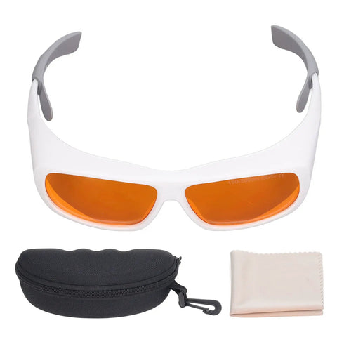 Straight Up Heavy Duty Laser Safety Glasses Broad Spectrum OD Five Plus Coverage Shielding Eyes From Intense Light And Harmful Radiation Wavelengths One Nine Zero To Five Hundred Nm White with case and cleaning cloth