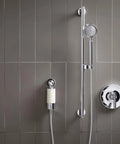 Shower Filter System For Hand Showers, Chlorine And Odor Reduction, Skin And Hair Friendly Water, polished chrome finish on tiles