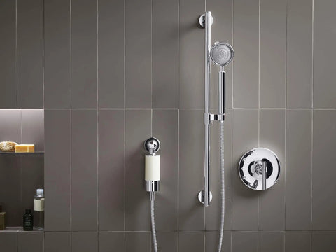 Shower Filter System For Hand Showers, Chlorine And Odor Reduction, Skin And Hair Friendly Water, polished chrome finish on tiles