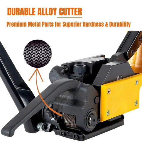 Heavy Duty Sealless Steel Strapping Tool Manual 3In1 Tensioner Crimper Cutter with durable alloy cutter for metal bands.