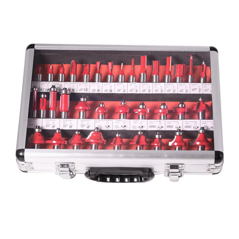 Top Shelf 35 Piece Carbide Router Bit Set With Tight Tolerance 12MM Shank For Smooth Wood Carving And Trimming in a storage case.