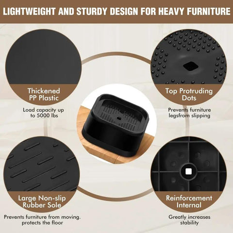 Score Big With These Rock Solid Adjustable Furniture Risers Heavy Duty Stackable Bed Lifts showing features like thickened PP plastic and non-slip rubber sole.