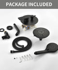 Sleek Matte Black All In One Shower System With Rain Shower Head And Handheld High Pressure 15 Settings Dual 2 In 1 Fixtures Brass Valve Included Easy Install Durable Finish components on display.