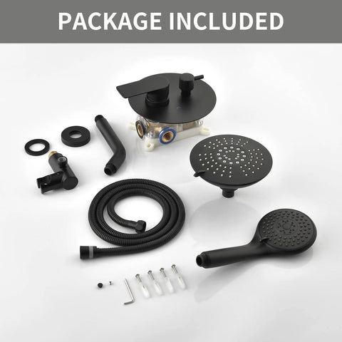 Sleek Matte Black All In One Shower System With Rain Shower Head And Handheld High Pressure 15 Settings Dual 2 In 1 Fixtures Brass Valve Included Easy Install Durable Finish components on display.
