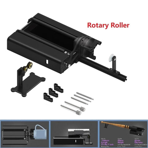 Dope Upgrade Four In One Axis Y Axis Rotary Roller Attachment For Laser Engravers showing smooth black finish and assembly parts.