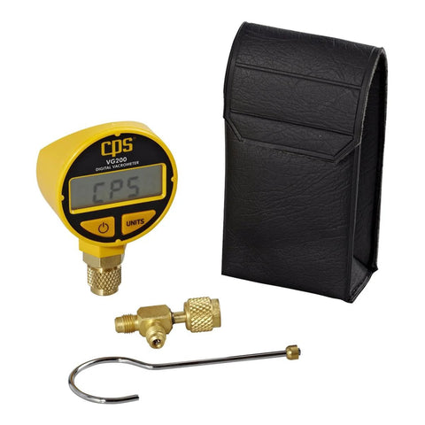 CPS VG200 digital vacrometer gauge with yellow display, brass fittings, metal probe, and padded case