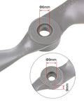 Close-up of Durable Nylon RC Airplane Propellers 8x4 CW 2 Vane Gray 3 Pack With Adapter Rings hub detail and dimensions