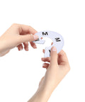 Person holding 40 Pack Round White Plastic Closet Rack Dividers, size M, showing durable PVC material and preprinted sizes for easy organization.