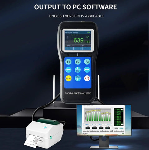 Portable Brinell Hardness Tester NDT230 with color screen and impact modules, connected to PC display for data output.
