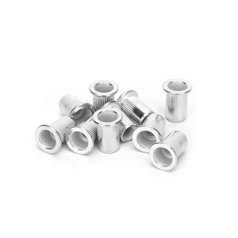 Close-up of M6 aluminum rivet nuts from the 200 Pc M6 Aluminum Rivet Nuts Pack Zinc Plated Hex Body Fasteners for Slick Self Clinching Attachments.