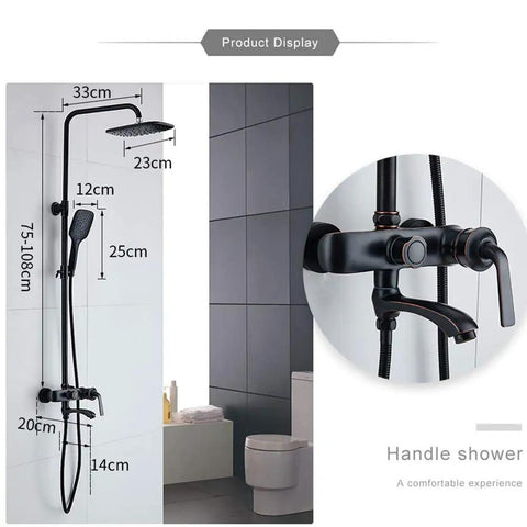 UMJIGF Shower System with Cold and Hot Water Wall Mounted Shower Faucet Set displayed with dimensions and sleek design.