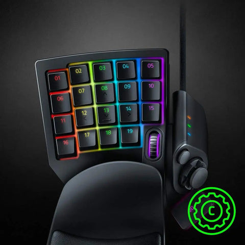 Mecha-Membrane Gaming Keypad With 32 Programmable Keys, Customizable RGB Lighting, shown with ergonomic design for one-handed control