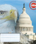 128 Rolls Of 17 Inch Pre Stretch Shrink Wrap, 48 Gauge Clear Plastic Film With Pro Grip Self Adhesion, on background of Capitol building and eagle.
