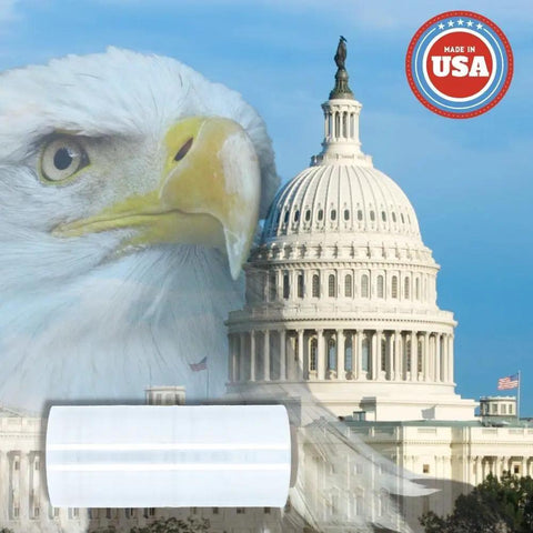 128 Rolls Of 17 Inch Pre Stretch Shrink Wrap, 48 Gauge Clear Plastic Film With Pro Grip Self Adhesion, on background of Capitol building and eagle.