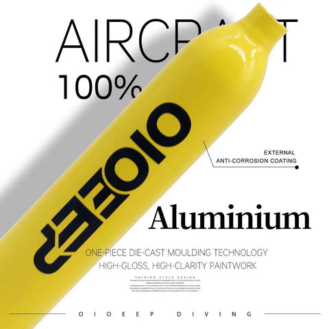Close-up of Compact 0.5L Mini Scuba Tank With Sub Mask showing yellow aluminum body and branding.