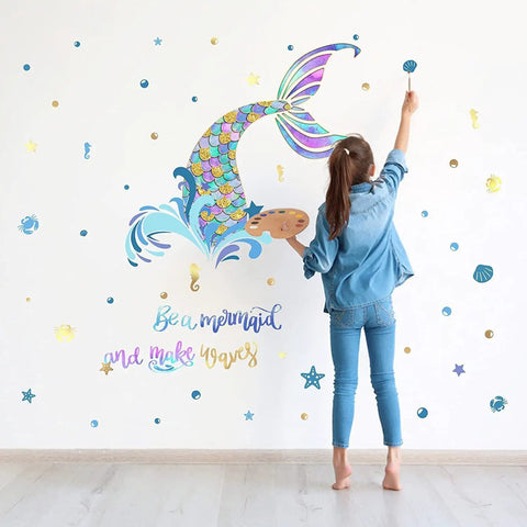 Girl painting Homie Mermaid Wall Decals For Girls Nursery Room Decor And Kids Bedroom Decoration Tail Stickers Baby Girl Purple Tail Wall Decor Eco Friendly Safe Non Toxic Peel And Stick Removable Wall Art on white wall