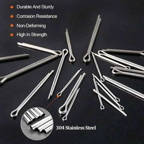 Pro Grade Cotter Pin Clip Fastener Kit With 110 Pieces In Six Sizes for automotive, small engine repair in 304 stainless steel.