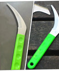 Two Pack Stainless Steel Weeding Sickle With Ergonomic Handle, showing curved stainless blade and bright green grip for easy use.