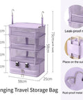 Heavy Duty Hanging Travel Shelf Bag Organizer For Luggage Suitcase With Ventilated Mesh Pockets And Water Repellent Nylon Fabric in purple, featuring hooks and storage compartments.