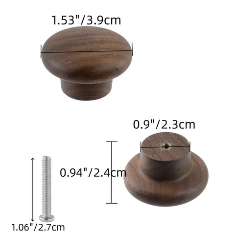 Solid Walnut Wood Cabinet Knob Set 12 Pack Round Mushroom Drawer Pulls With Smooth Wax Finish, dimensions shown with screw