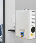 Portable Tankless Hot Water Heater 12V Instant Hot Shower On Tap For Camping And Outdoor Adventures Led Display mounted on wall.