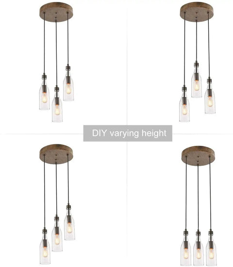 Dope Farmhouse Kitchen Island Pendant Light With Three Glass Bottle Shades, black wood finish, round canopy, adjustable height view