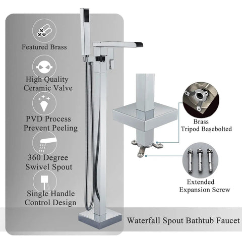 Floor Mount Waterfall Tub Filler Faucet Chrome Finish with Hand Shower and 360 Degree Swivel Spout Image