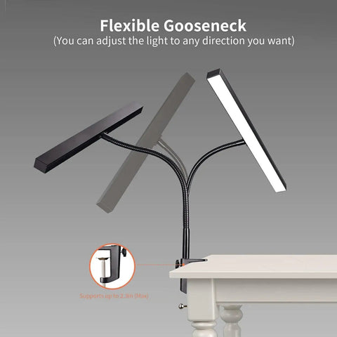 Two In One Piano Desk Lamp With Flexible Gooseneck And Clamp Base, 10W LED Piano Light highlighting gooseneck design on desk.