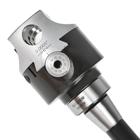 Close-up of 12 Piece Pro Grade Carbide Boring Bar Milling Set with 3 Inch Boring Head R8 Shank, showing micrometer lead screw.