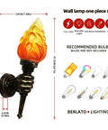 Two Pack Rustic Industrial Wall Sconces With Flame Glass Lampshade, Fist Shaped Antique Brown Aluminum Brackets, Farmhouse Outdoor Plug In, Dimmable With Compatible Bulbs shown with dimensions and bulb options
