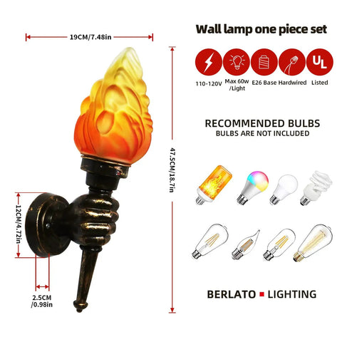 Two Pack Rustic Industrial Wall Sconces With Flame Glass Lampshade, Fist Shaped Antique Brown Aluminum Brackets, Farmhouse Outdoor Plug In, Dimmable With Compatible Bulbs shown with dimensions and bulb options