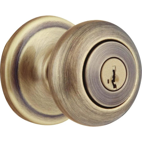 Juno Entry Door Knob With Lock And Key Secure Keyed Handle For Exterior Doors Front Entrance Or Bedroom Antique Brass Finish Pick Resistant SmartKey Rekey Security And Microban Protection