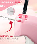 Close-up of pink handheld stitch gun with needle and safety tip for quick clothes repair, part of the Quick Sew On The Go sewing kit.