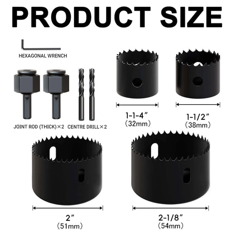 METOTY 9-piece hole saw kit with mandrel; includes hole saws 1-1/4, 1-1/2, 2 and 2-1/8 in plus center drills