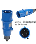 Heavy Duty Level 2 EV Charger With CEE Wall Plug 32A 5m Cable, close-up of blue CEE socket outlet plug, IP67 waterproof.