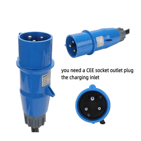 Heavy Duty Level 2 EV Charger With CEE Wall Plug 32A 5m Cable, close-up of blue CEE socket outlet plug, IP67 waterproof.