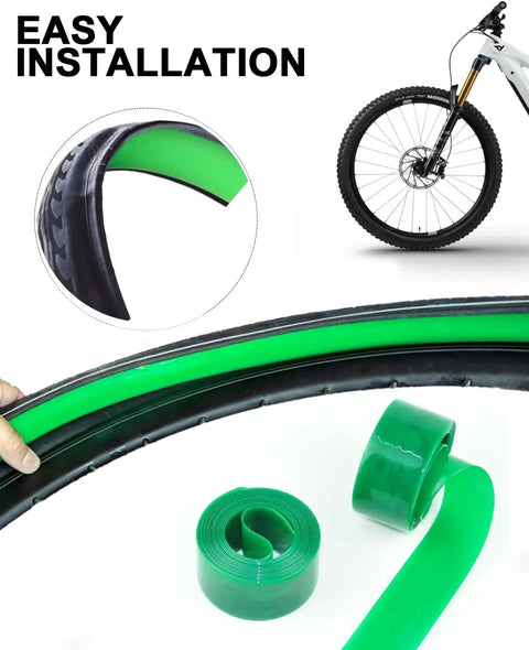 All-Terrain Bicycle Tire Liner Protector for Mountain and Commuter Bikes, 1mm Polyurethane Shield installation on bike wheel.