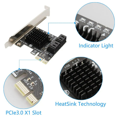 Four Port PCIe SATA Controller Card With Cables, Low Profile Bracket, Non Raid, Bootable System Disk Support, Add Four 6Gbps SATA 3.0 Drives To Your PC, Easy Upgrade For Extra Storage And Seamless Performance. PCIe 3.0 x1 card with heatsink and SATA ports