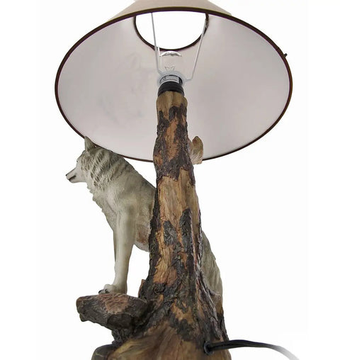 Gray Wolf Table Lamp With Rock Base And Tree Detail, 20 Inch Tall Resin Accent Lighting For Living Room Or Den, Cozy Cabin Vibe