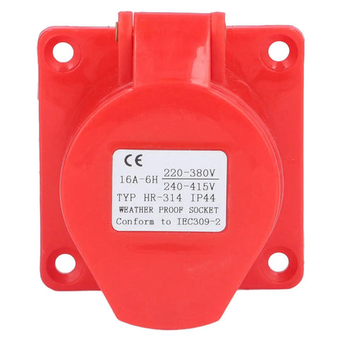Red Industrial Concealed Power Socket Featuring IP44 Weatherproofing And Solid Brass Terminals With Tough PC Shell visible from the front.