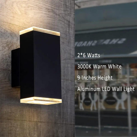 Ultra Sleek 9 Inch LED Rectangle Outdoor Wall Light In Aluminum, Matte Black Finish, Up Down Lighting, 12W, 3000K Warm White