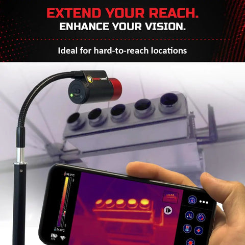 Thermal Wireless Imaging Camera with 640x480 TISR Resolution (160x120 Native IR), WiFi Hotspot extended on rod, screen visible.