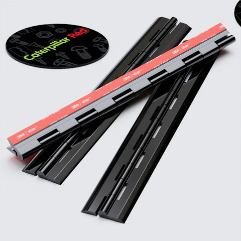 Four Pack Black Acrylic Piano Hinges 300 mm Self Adhesive Heavy Duty Cabinet Hardware For Storage Boxes And Tool Cases Tool Free Install Zero Fuss Setup Super Tough Ready To Roll Right Outta The Box displayed with adhesive backing and circular logo.