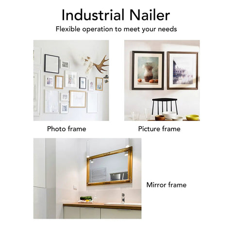 Smooth Operator Pneumatic Brad Nailer For Wood Framing And Fine Craftsmanship With 100 Shot Capacity mounted with various framed pictures and mirrors.