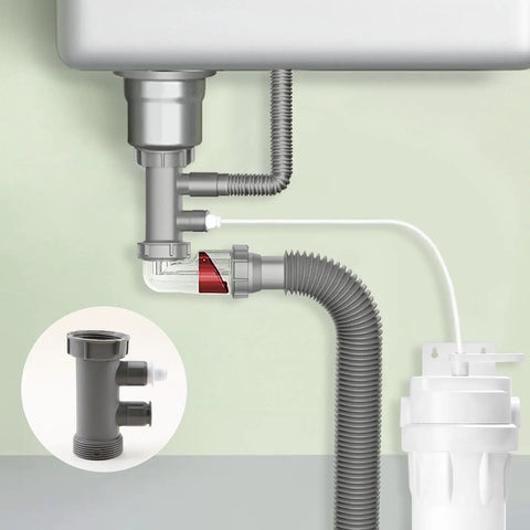 Installed 1-1/2 Inch Kitchen Sink Drain Adapter with four way branch and 1/4 inch filter water line connector for RO systems.